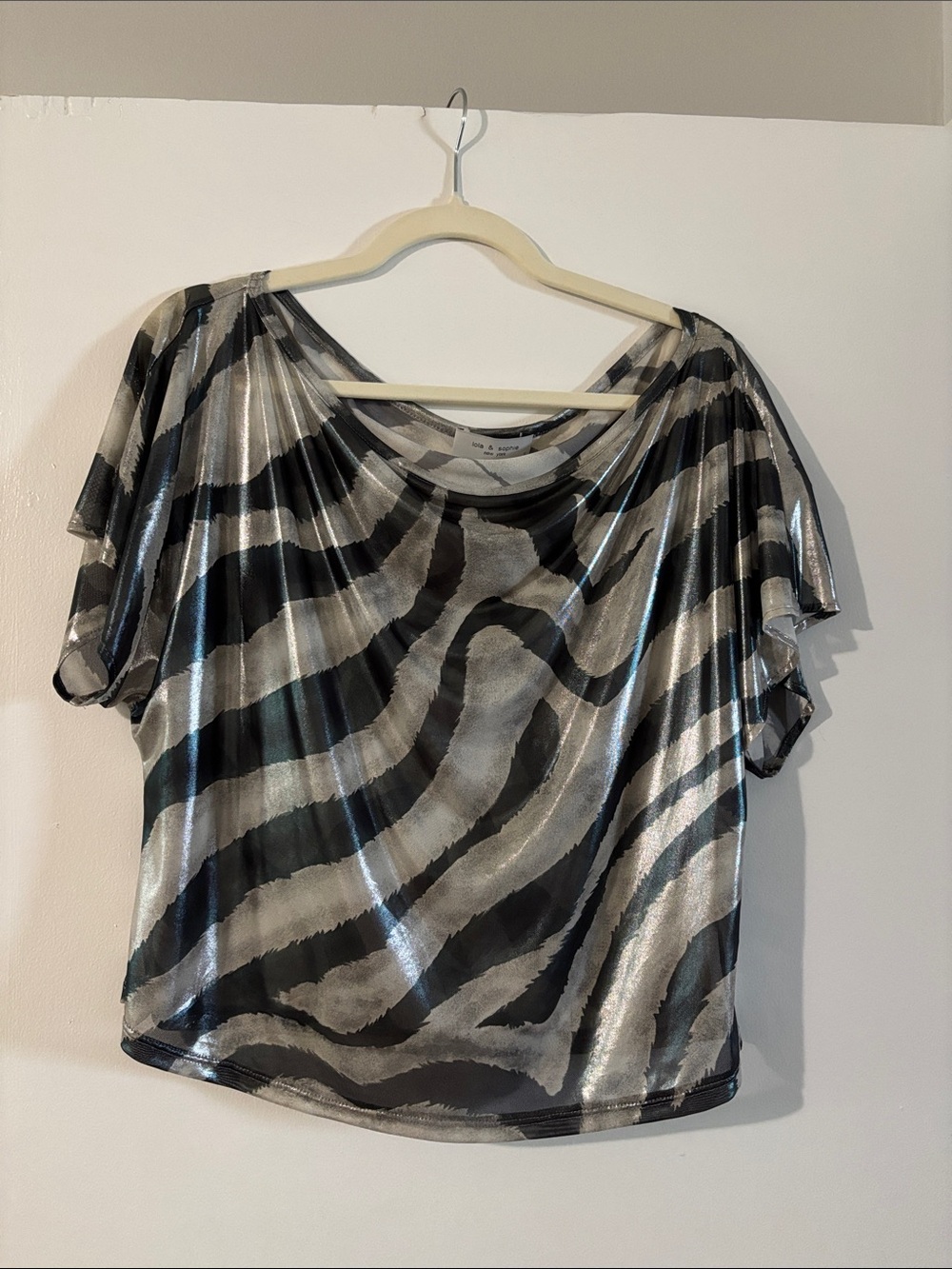 Lola & Sophie Metallic Zebra-Print Short Sleeve Top - Black & Silver